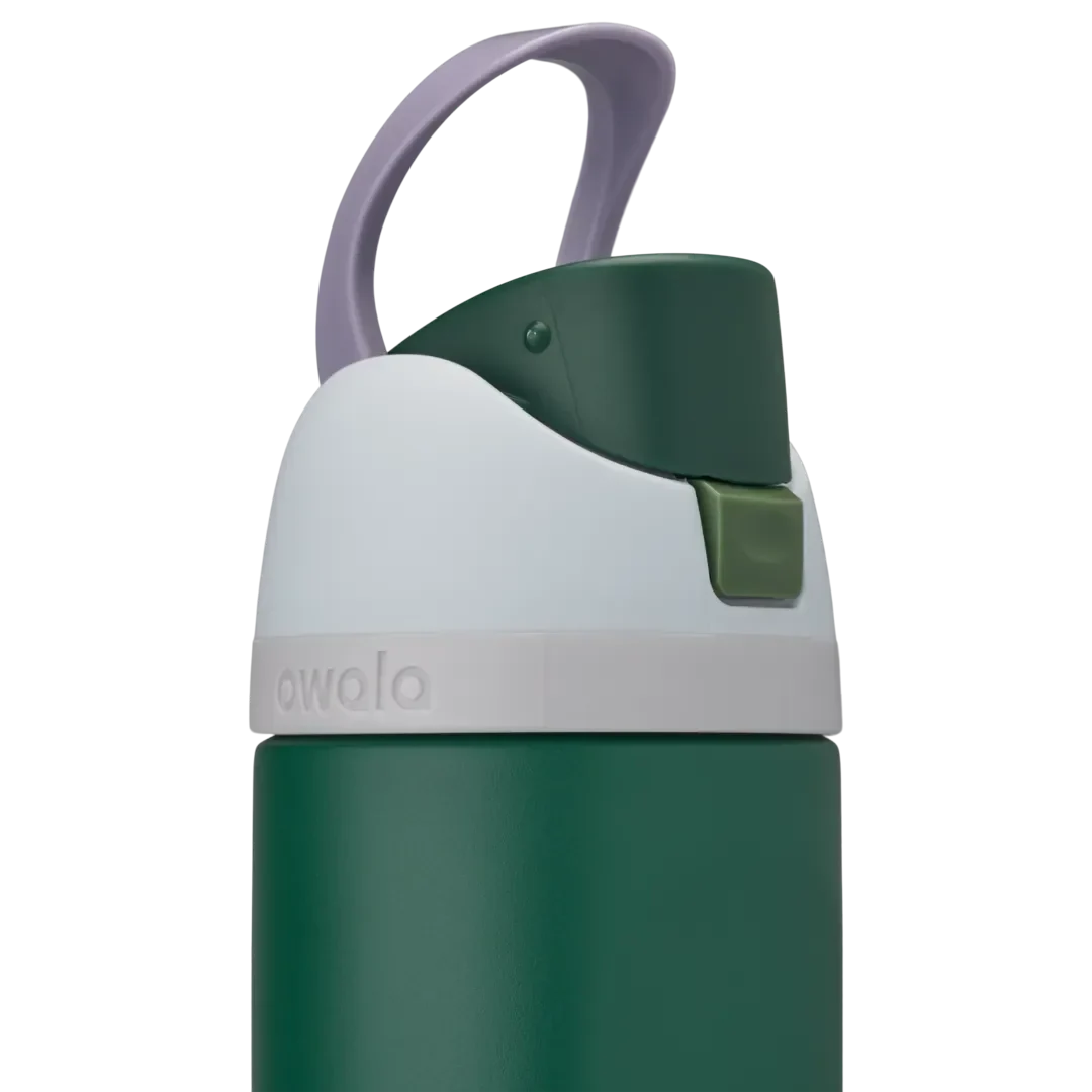 Owala Kids FreeSip 16oz in Great Smoky Mountains, dark forest green insulated stainless steel bottle with white lid, lavender carry loop, dark green flip cap, and olive green push-button